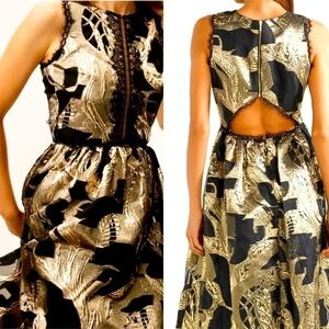 Marchesa Notte Sleeveless Metallic Fil Coupe Dress Back Cut Out Black/Gold SZ 2